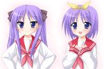  2girls hand_on_own_chest hiiragi_kagami hiiragi_tsukasa long_hair long_sleeves looking_at_viewer lucky_star minamori_noeru multiple_girls neckerchief purple_hair sailor_collar school_uniform serafuku shirt short_hair siblings sidelocks simple_background sisters twins twintails upper_body violet_eyes white_background white_shirt 