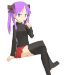  1girl bangs blue_eyes dress female hiiragi_kagami long_sleeves looking_at_viewer lucky_star pocky purple_hair shirt simple_background sitting solo thigh-highs white_background yu_65026 zettai_ryouiki 