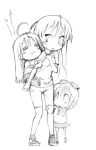  3girls child hiiragi_kagami hiiragi_tsukasa izumi_konata lucky_star monochrome multiple_girls piggyback siblings sisters sketch twins 