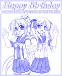  2girls hiiragi_kagami kiryuu_makoto lucky_star monochrome multiple_girls osamada_meika purple sketch thigh-highs 