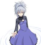  1girl blue_skirt breasts brown_eyes cleavage_cutout darker_than_black dress expressionless female grey_hair hair_ribbon long_sleeves looking_at_viewer outstretched_arm ponytail purple_dress ribbon satou_atsuki silver_hair simple_background skirt small_breasts solo standing white_background yin 