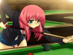  1girl :&lt; animal_ears aqua_eyes asuka_keisuke bent_over billiards blush cue_stick denim game_cg green_eyes hips kawasaki_natsuki long_hair miniskirt pink_hair scramble_heart skirt solo thigh_gap thighs usatsuka_eiji wide_hips zipper 