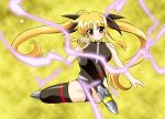  1girl ankle_boots armor armored_boots bardiche blonde_hair boots bow chirorian electricity fate_testarossa floating_hair full_body lightning looking_at_viewer lyrical_nanoha magical_girl mahou_shoujo_lyrical_nanoha mahou_shoujo_lyrical_nanoha_strikers red_eyes simple_background sitting solo thigh-highs thighs twintails wind yellow_background 