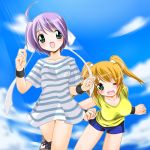  2girls :d ;o bare_legs blonde_hair blue_sky breasts collarbone day green_eyes kei_(fortune) large_breasts light_rays long_hair looking_at_viewer lyrical_nanoha mahou_shoujo_lyrical_nanoha mahou_shoujo_lyrical_nanoha_strikers multiple_girls one_eye_closed open_mouth purple_hair running shirt shoes short_shorts short_sleeves shorts sky smile sneakers striped striped_shirt subaru_nakajima sunlight sweatband teana_lanster twintails underwear very_long_hair wince 
