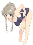  1girl barefoot bent_over blue_eyes breasts brown_hair cleavage earrings erect_nipples hanging_breasts jewelry large_breasts long_hair mibu_natsuki one-piece_swimsuit original ponytail sketch solo swimsuit 