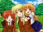  3girls ahoge bangs blonde_hair fate_testarossa heterochromia lyrical_nanoha mahou_shoujo_lyrical_nanoha mahou_shoujo_lyrical_nanoha_strikers military military_uniform multiple_girls red_eyes side_ponytail takamachi_nanoha uniform violet_eyes vivio yuki_mashiro 