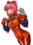 1girl blush bodysuit bracer breasts clenched_hand cosplay cowboy_shot erect_nipples gloves hair_ornament hands_up kamia_(not_found) kasuga_aya latex looking_at_viewer neon_genesis_evangelion number original outline parted_lips pilot_suit pink_eyes pink_hair plugsuit plugsuit_(cosplay) red_eyes redhead shiny shiny_clothes simple_background slender_waist solo soryu_asuka_langley_(cosplay) souryuu_asuka_langley turtleneck two_side_up white_background 