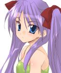  1girl bare_shoulders blue_eyes blush body_blush bow frown hair_bow hiiragi_kagami long_hair looking_at_viewer lucky_star pink_hair red_bow simple_background solo utsubo_kazura white_background 