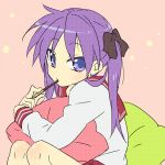  1girl hair_ribbon hiiragi_kagami long_hair looking_back lowres lucky_star mouth_hold pillow pillow_hug pleated_skirt pocky purple_hair ribbon school_uniform serafuku skirt solo tsurime twintails violet_eyes 