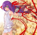  00s 1girl al_azif armpits demonbane detached_sleeves dress green_eyes hair_ribbon long_hair looking_at_viewer purple_hair red_ribbon ribbon sakamoto_mineji smile solo sundress tagme very_long_hair white_dress 