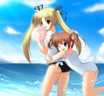  00s 2girls ball beach blonde_hair fate_testarossa hug hug_from_behind lyrical_nanoha mahou_shoujo_lyrical_nanoha multiple_girls odaya odayan one-piece_swimsuit one_eye_closed swimsuit takamachi_nanoha twintails 