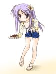  denim denim_shorts feet food high_heels hiiragi_kagami lucky_star masakichi_(crossroad) purple_hair sandals shoes shorts takoyaki toes 