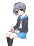  book cardigan footwear glasses kneehighs nagato_yuki school_uniform serafuku socks suzumiya_haruhi_no_yuuutsu usashiro_mani 