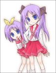  2girls :o ascot black_border blue_eyes border bow hair_bow hand_on_hip hand_to_own_mouth hiiragi_kagami hiiragi_tsukasa kamoi_hayato looking_at_viewer lucky_star multiple_girls peeking_out pink_skirt purple_hair school_uniform serafuku short_hair siblings sisters skirt smile socks standing twins twintails white_background white_legwear 