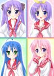  4girls :d ahoge blue_eyes blue_hair glasses hair_ribbon hiiragi_kagami hiiragi_tsukasa izumi_konata long_hair looking_at_viewer lucky_star minamori_noeru multiple_girls neckerchief open_mouth pink_hair portrait purple_hair ribbon sailor_collar school_uniform serafuku shirt siblings sisters smile takara_miyuki twins upper_body very_long_hair violet_eyes white_shirt 