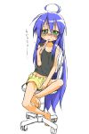  1girl :&lt; ahoge barefoot blue_hair blush chair feet hot izumi_konata legs_crossed long_hair lucky_star mikami_komata mikami_konu popsicle shorts sitting solo sweat tank_top triangle_mouth tupet very_long_hair 