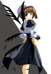  1girl black_wings feathers hat lyrical_nanoha magical_girl mahou_shoujo_lyrical_nanoha mahou_shoujo_lyrical_nanoha_strikers no_gloves odaya odayan solo waist_cape wings x_hair_ornament yagami_hayate 