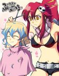  &gt;:( 2girls bare_shoulders belt bikini_top blonde_hair blue_hair buckle comic cutting_hair hair_ornament kusata_murasaki midriff multicolored_hair multiple_girls navel nia_teppelin ponytail scissors short_hair short_shorts shorts simple_background skull_hair_ornament standing stomach tengen_toppa_gurren_lagann two-tone_hair white_background yoko_littner 