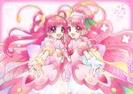  2girls :d absurdres back_bow blush bow cowboy_shot cure_dream cure_grace dream_cure_grace dress earrings flower frills gloves hair_bun hair_flower hair_ornament hair_rings hanadera_nodoka healin&#039;_good_precure healin&#039;_good_precure:_yume_no_machi_de_kyun!_tto_gogo!_daihenshin!! heart highres holding_hands huge_bow jewelry kazusa_hiyori long_hair looking_at_viewer magical_girl multicolored_bow multiple_girls open_mouth outstretched_hand pink_coat pink_eyes pink_flower pink_hair pink_rose pink_theme precure puffy_sleeves ring rose smile standing symmetry twitter_username violet_eyes white_dress white_gloves yes!_precure_5 yes!_precure_5_gogo! yumehara_nozomi 