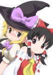  2girls bangs black_hair black_hat blonde_hair bow braid closed_mouth cravat detached_sleeves dutch_angle eyebrows eyebrows_visible_through_hair female frills gahiro hair_bow hair_tubes hakurei_reimu hat hat_bow japanese_clothes kirisame_marisa long_hair looking_at_viewer looking_to_the_side maid miko multiple_girls purple_bow red_bow red_eyes red_ribbon ribbon ribbon-trimmed_sleeves ribbon_trim shirt short_hair side-by-side simple_background single_braid smile sunviola touhou upper_body wavy_mouth white_background white_shirt witch_hat yellow_eyes 