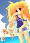  00s 2girls arf blonde_hair fate_testarossa innertube lyrical_nanoha mahou_shoujo_lyrical_nanoha multiple_girls one-piece_swimsuit school_swimsuit sw swimsuit takamachi_nanoha 