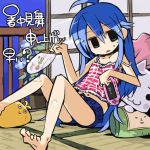  1girl barefoot blue_hair casual fan green_eyes handheld_game_console izumi_konata locoroco long_hair lowres lucky_star mole playing_games playstation_portable prince shorts solo sweat translation_request very_long_hair 