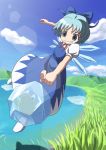  1girl blouse blue_dress blue_hair bow cirno dress female flying frog frozen frozen_frog gahiro grass grin hair_bow hill ice ice_wings lake light_rays puffy_short_sleeves puffy_sleeves red_ribbon ribbon ripples short_sleeves smile solo sunbeam sunlight sunviola touhou white_blouse wings 