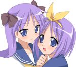  2girls :d black_bow blush bow hair_bow hiiragi_kagami hiiragi_tsukasa looking_at_viewer lowres lucky_star multiple_girls open_mouth purple_hair r-type_nirvana school_uniform serafuku shirt siblings simple_background sisters smile twins twintails upper_body white_background white_shirt 