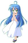  1girl ahoge blue_hair dress full_body green_eyes izumi_konata long_hair looking_at_viewer lucky_star own_hands_together sandals shiumai sidelocks simple_background solo standing toes very_long_hair white_background white_dress 