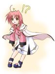  !? 1girl ahoge bow cape caro_ru_lushe fingerless_gloves flower flower_on_head frapowa gloves kerykeion lyrical_nanoha magical_girl mahou_shoujo_lyrical_nanoha mahou_shoujo_lyrical_nanoha_strikers pink_bow pink_hair solo 