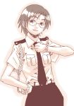  1girl glasses gloves lipstick lowres lucky_star makeup monochrome narumi_yui necktie oekaki pink police sketch solo 