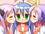  3girls 9law :&lt; ahoge blue_hair blush bow closed_eyes collarbone frown green_eyes hair_bow hair_ribbon hiiragi_kagami hiiragi_tsukasa incipient_kiss izumi_konata kiss long_hair lucky_star mole mole_under_eye multiple_girls oekaki profile purple_hair ribbon school_uniform serafuku short_hair simple_background triangle_mouth twintails yuri 