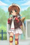  1girl 90s beret brown_hair card_captor_sakura child green_eyes hat kinomoto_sakura knee_pads kodansha mutsuki_(moonknives) sailor_hat school_uniform serafuku short_hair solo white_hat 