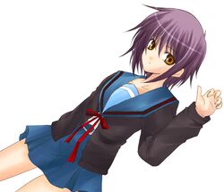  1girl bangs blue_skirt cardigan dutch_angle eyebrows eyebrows_visible_through_hair hagane_soushi legs_apart long_sleeves looking_at_viewer miniskirt nagato_yuki open_cardigan open_clothes purple_hair red_ribbon ribbon school_uniform serafuku short_hair simple_background skirt solo suzumiya_haruhi_no_yuuutsu white_background yellow_eyes 