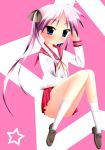  1girl hiiragi_kagami lucky_star pink_background purple_hair school_uniform serafuku solo twintails yuuga_raito 