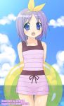  1girl :d arms_behind_back bare_shoulders blue_eyes blue_sky clouds day dress genshi hiiragi_tsukasa innertube looking_at_viewer lucky_star open_mouth outdoors pink_hair purple_dress short_hair sky sleeveless sleeveless_dress smile solo standing thigh_gap transparent 