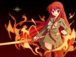  fire natsumiya_yuzu red_eyes redhead school_uniform serafuku shakugan_no_shana shana sword thigh-highs wallpaper weapon 