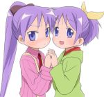  2girls alternate_hairstyle blush hiiragi_kagami hiiragi_tsukasa lowres lucky_star multiple_girls nagian necktie ponytail siblings sisters twins 
