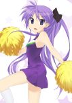  1girl :d armpits bare_shoulders blue_eyes cheerleader dress hair_ribbon hiiragi_kagami leg_up looking_at_viewer lucky_star mizuki_makoto open_mouth pom_pom_(clothes) pom_poms pose purple_dress purple_hair ribbon sleeveless sleeveless_dress smile solo standing standing_on_one_leg twintails 