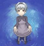  1girl brown_eyes darker_than_black dress female full_body grey_hair hairband long_sleeves looking_at_viewer looking_up outstretched_hand pantyhose parted_lips purple_dress reflection ripples shoes short_hair solo standing standing_on_liquid star very_short_hair water yamamoto_shima yin 