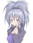  1girl black_dress darker_than_black dress expressionless female fingersmile grey_hair hair_ribbon index_finger_raised jitome long_sleeves looking_at_viewer ponytail purple_dress red_eyes ribbon silver_hair simple_background solo white_background yin 
