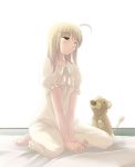  ahoge alternate_hairstyle bed between_thighs blonde_hair blush fate/stay_night fate_(series) green_eyes hair_down lion long_hair mister_donut pajamas pon_de_lion saber satomi sitting sleepy stuffed_animal stuffed_toy thighs v_arms 