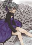  1girl darker_than_black dress feet_in_water female grey_hair hair_ribbon long_sleeves mizuki_makoto ponytail purple_dress purple_ribbon ribbon silver_hair sitting soaking_feet solo violet_eyes water wet yin 