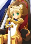  1girl animal_ears blonde_hair cosplay fate/stay_night fate/tiger_colosseum fate_(series) green_eyes lion maho_(yakimorokoshi) saber saber_lion solo sword throne weapon 