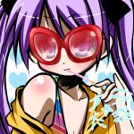  1girl bare_shoulders body_blush breasts cleavage close-up collarbone drinking drinking_straw face glasses hiiragi_kagami holding large_breasts long_hair looking_at_viewer lowres lucky_star nukunuku portrait purple_hair red-framed_eyewear red-framed_glasses shade smile solo sunglasses swimsuit twintails upper_body violet_eyes 