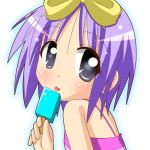  blue_eyes hiiragi_tsukasa lowres lucky_star minami_(colorful_palette) popsicle purple_hair ribbon short_hair tongue 