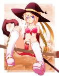 1girl 47agdragon bikini bikini_top blonde_hair blue_eyes boots elbow_gloves flyff front-tie_top gloves hat pink_boots shorts sidesaddle solo swimsuit witch_hat 