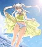  1girl blue_eyes bow dress dress_lift long_hair mabinogi nao_(mabinogi) ocean one_eye_closed panties silver_hair skirt skirt_lift solo sundress twintails underwear upskirt white_panties wink 