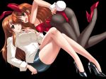  2girls animal_ears asahina_mikuru asahina_mikuru_(adult) ass breasts brown_eyes brown_hair bunny_girl bunnysuit dual_persona high_heels kishi_nisen legs legs_crossed lipstick long_legs makeup miniskirt multiple_girls older one_eye_closed orange_hair pantyhose pencil_skirt rabbit_ears shoes sitting skirt suzumiya_haruhi_no_yuuutsu tail thighs time_paradox timeskip wink 