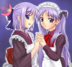  2girls alternate_costume blue_eyes cosplay crossover enmaided hiiragi_kagami hiiragi_tsukasa hisui hisui_(cosplay) kohaku kohaku_(cosplay) long_hair lucky_star maid multiple_girls parody purple_hair siblings sisters tsukihime twins yuki_mashiro 